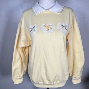 Vintage Yellow Embroidered Hearts White Collared Neck Granny Sweatshirt Size S